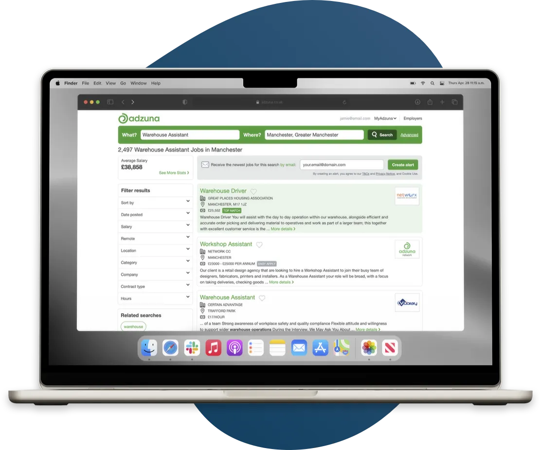 A screenshot showing search results for warehouse assistant jobs in Manchester