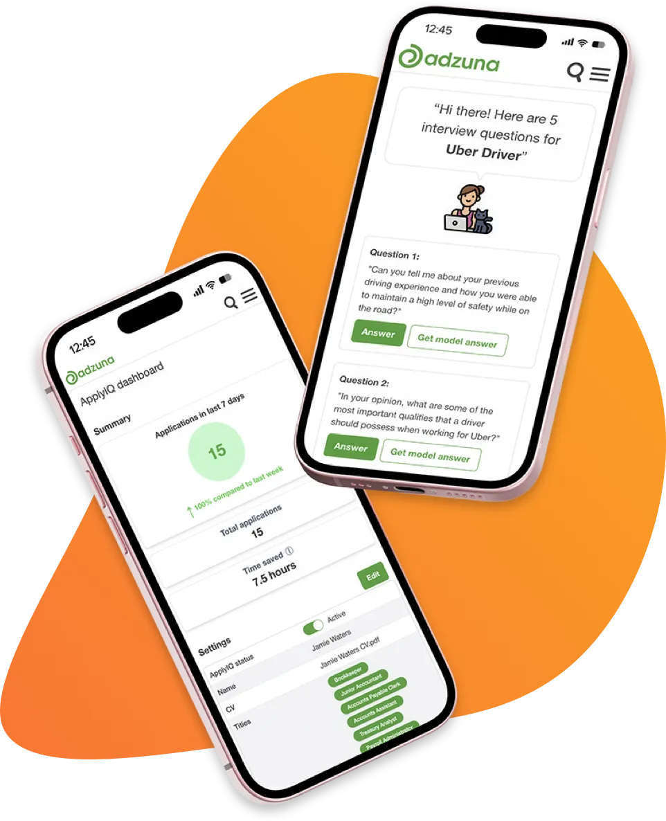Two phones showing examples of Adzuna's AI candidate tools